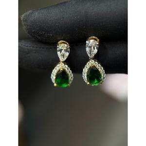 14K Gold Pear Shape Emerald & Diamond Drop Earrings | 3 Ct Pear & 0.90 Ct Round Diamond with 2.90 Ct <b>Green</b> Emerald Fine Jewelry - Product Image 2
