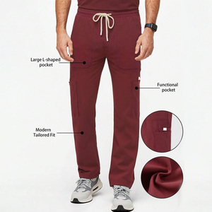 Unisex Burgundy Scrub Pants Hospital Uniform Trousers Cotton Polyester Woven Workwear Bottoms with Drawstring Waist - Product Image 3