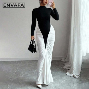 Custom Solid Eco-Friendly Party <b>Maxi</b> <b>Dress</b> <b>Long</b> Sleeve Women Lady Elegant Casual O-Neck Pleated Slim Fit <b>Black</b> - Product Image 1