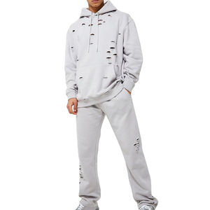 Ensemble de survêtement pour homme 2 pièces : sweat à capuche effet vieilli et pantalon évasé, avec fermeture éclair, broderie unie, technique d'impression délavée au soleil et effet délavé à l'acide - Product Image 1