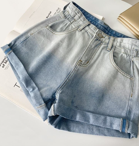 Shorts de mezclilla de cintura alta con degradado para mujer, color caramelo, con aberturas, corte holgado, pierna recta, pantalones casuales de verano - Product Image 3