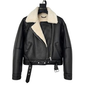 Unisex Black Sheep Skin Leather Shearling Biker <b>Jacket</b> Winter Warm Sherpa <b>Lined</b> Motorcycle Aviator Zipper OEM Service Nonwoven - Product Image 1