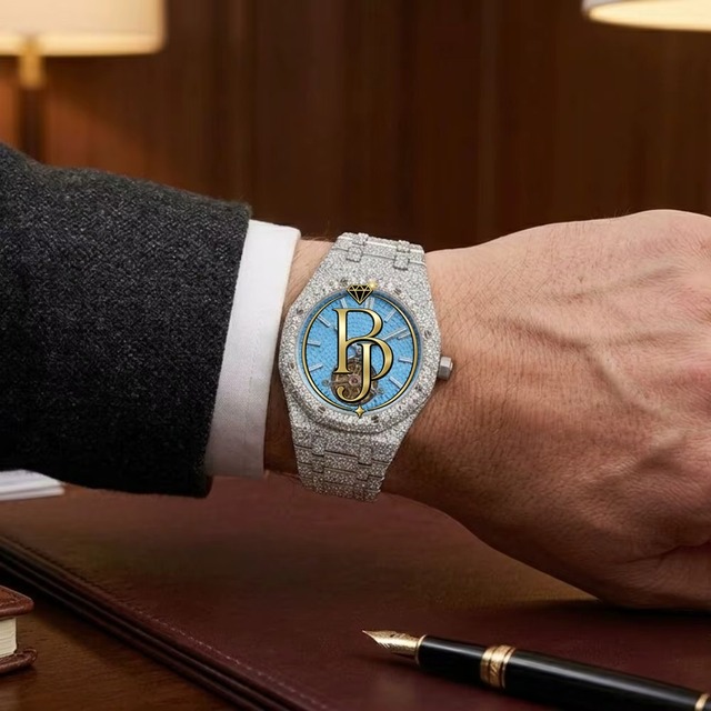 Briva Jewels Luxury Fully Iced Diamond Square Analog Quartz Watch Men Blue Dial Silver Eco-Friendly 10 Bar Waterproof Day/Date
