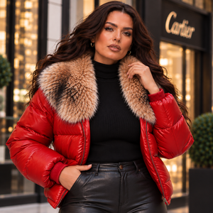Veste matelassée coupe-vent en cuir véritable à carreaux pour femme avec col en fourrure de renard, fermeture éclair, design fin, style streetwear - Product Image 1