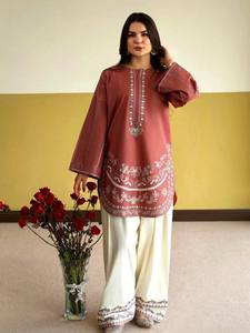 Premium Roman Silk Embroidered Floral Pattern O-Neck Short Top Knee Sleeveless Palazzo 2-Piece <b>Set</b> for Women Traditional Ethnic - Product Image 1