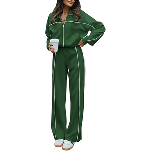 Conjunto Deportivo Verde de Dos Piezas, Chaqueta con Cierre Completo y Manga Larga, Corte Holgado, Franja Lateral, Ropa Deportiva Informal para Todas las Temporadas, Tejido de Poliéster - Product Image 1