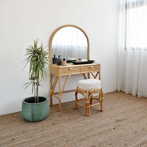 Luxury Nordic Style Rattan Dressing Tables for Bedroom Make up Table With Mirror Set Wholesale - Product Image 4