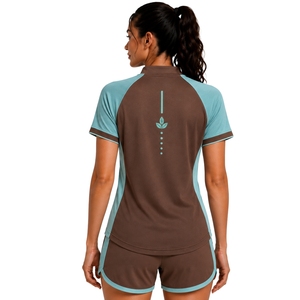 Conjunto Deportivo de Camiseta y Pantalones Cortos para Mujer, Color Marrón y Aqua, con Cierre de Media Cremallera, de Secado Rápido, Manga Corta, para Fitness, Gimnasio, Running, Personalizable - Product Image 2