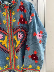 Vintage Light Blue <b>Velvet</b> Suzani Embroidered <b>Jacket</b> With Floral Pattern Stand Collar Full Sleeve Autumn <b>Women's</b> Blouson Coat - Product Image 4
