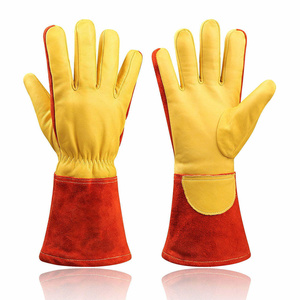 Gants de soudage TIG en cuir de chèvre et croûte de cuir de vache, manchette élastique, ignifuges, robustes, pour la lutte contre les incendies et le barbecue - Product Image 1