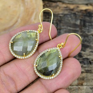 Natural Labradorite With CZ Pear Shape Gemstone Handmade <b>Hook</b> <b>Earrings</b> 18k Gold Micron Over 925 Sterling Silver - Product Image 1