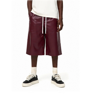 Men's Burgundy <b>Leather</b> Bermuda <b>Shorts</b> Drawstring Closure Solid Color Casual Woven Coated Breathable With Pockets <b>Leather</b> <b>Short</b> - Product Image 1