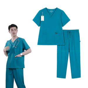 Uniforme médical pour homme de couleur vert-bleu, col en V, manches courtes, en polyester et rayonne extensibles dans les quatre sens, avec pantalon inclus. - Product Image 1