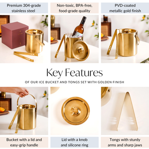 Elegant Gold Metal <b>Ice</b> <b>Bucket</b> Featuring Vertical Line Patterns Complete <b>With</b> A Fitted <b>Lid</b> And A Matching Pair Of Tongs - Product Image 6