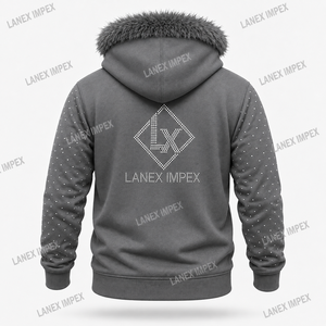 เสื้อแจ็คเก็ตมีฮู้ดประดับเพชรเทียมสีเทาสำหรับผู้ชาย พร้อมฮู้ดขนเฟอร์เทียม แขนเสื้อและกระเป๋าประดับหมุด ซิปยาวเต็มตัว สไตล์แฟชั่นสตรีทแวร์ - Product Image 3