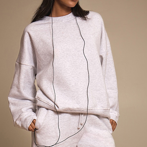 Conjunto de Sudadera Blanca con Cuello Redondo para Mujer, Manga Larga, Corte Holgado, con Bolsillos Laterales, Cintura Elástica, Ropa Casual de Otoño - Product Image 3