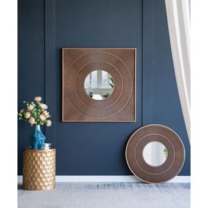 Specchio Decorativo Rotondo in Legno 31.5x1x31.5 con Cornice in Ferro Dorato, Colore Neutro, per Decorazione Murale in Bagno, Ingresso e Soggiorno - Product Image 1