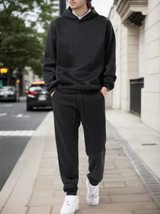 ชุดวอร์มผ้าฝ้ายสีดำสำหรับผู้ชาย เสื้อฮู้ดและกางเกงขายาว ทรงหลวม สวมใส่สบาย สีพื้น แขนยาว เหมาะสำหรับใส่ในฤดูใบไม้ร่วง - Product Image 1