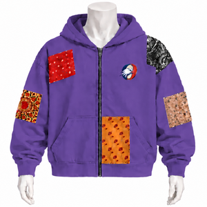 Sweat à capuche zippé surdimensionné en patchwork violet, avec imprimés et patchs, style streetwear décontracté - Product Image 1
