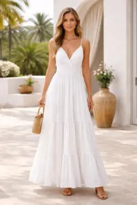 Vestido largo blanco con tirantes finos para mujer, cuello en V, sin mangas, informal, elegante, para verano, playa y vacaciones - Product Image 4