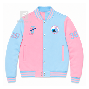 Chaqueta universitaria personalizada de la hermandad Jack & Jill of America, azul cielo y rosa, manga larga, cierre frontal con cremallera, cuello con ribete, logotipo bordado. - Product Image 1