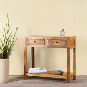 <b>Rustic</b> Handmade Solid Wood Adjustable Height <b>Console</b> <b>Table</b> with 2 Drawers 1 Shelf Modern Living Room Furniture Storage Cabinet - Product Image 3