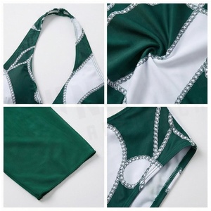 Women Green <b>White</b> Geometric Print 2 Piece <b>Bikini</b> <b>Set</b> Deep V Neck High Waist Push Up Swimwear With Contrast Binding - Product Image 4