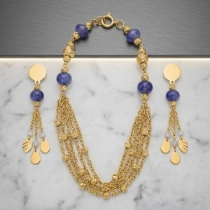 925 Silver <b>Blue</b> <b>Bead</b> Multi Layer Mala Necklace Set for Women Designer Tassel Earrings Traditional Jewelry - Product Image 2
