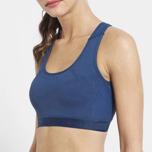 Women's Navy <b>Blue</b> Sports <b>Bra</b> Breathable Knitted Supportive Workout Fitness Top Solid Color Sporty Style - Product Image 3