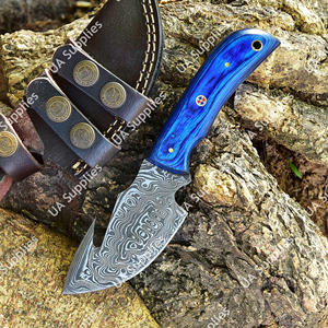 Cuchillo Skinner de Hoja Fija de Acero de Damasco Personalizado al por Mayor con Mango Estabilizado Azul, OEM ODM, para Caza, Camping, EDC, con Funda de Cuero - Product Image 5