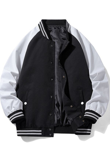 Veste de baseball unisexe, noir et blanc contrasté, manches longues, fermeture boutonnée, couleur unie, polyester, coupe classique, adultes, toutes saisons - Product Image 1