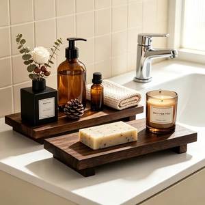 Moderno juego de organizadores de baño de madera con jabonera y bandejas para tocador, y elegantes accesorios de tocador - Product Image 1