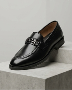 Mocassins de luxe noirs pour hommes à bout rond, à enfiler, avec doublure en cuir véritable et semelle extérieure en caoutchouc, pour le bureau et le travail - Product Image 1