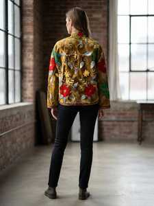 Veste en velours moutarde à col montant pour femme, broderie florale faite à la main, style vintage ethnique bohème - Product Image 4