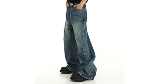 Jean en denim délavé coupe large pour homme, taille haute, style streetwear, en coton, idéal pour l'automne - Product Image 5