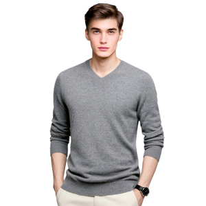 Pull en laine/acrylique gris pour homme, col en V, manches régulières, tricoté, uni, pour l'hiver, anti-boulochage et respirant - Product Image 1