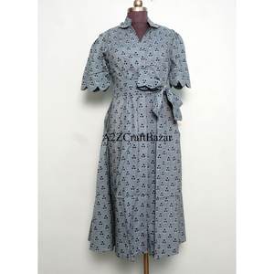 Robe longue midi trapèze 100 % coton pour femme, imprimée, col en V, boutonnée au dos, respirante, lavable, nettoyage à sec, écologique – Meilleure vente - Product Image 1