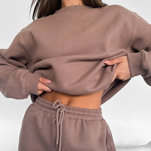 Conjunto de Sudadera con Capucha y Pantalones Cortos de 2 Piezas para Mujer, Color Marrón, Felpa, Corte Regular, Secado Rápido, Transpirable, Ropa de Invierno - Product Image 4