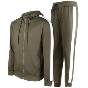 Ensemble de survêtement pour homme vert olive à capuche, manches longues, fermeture éclair, poches latérales, tenue décontractée d'automne, design rayé, coupe régulière - Product Image 2