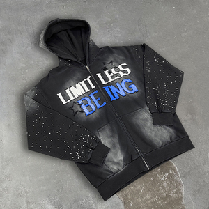 Sudadera con Capucha de Algodón 100% Transpirable con Estampado de Estrellas y Letras Brillantes, Estilo Hip Hop Oversize para Hombre, Colección Limitless Being - Product Image 1