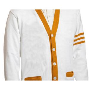 Cardigan en tricot blanc moutarde pour homme, col en V, manches longues, fermeture boutonnée, style automne, avec détail rayé sur les manches - Product Image 6
