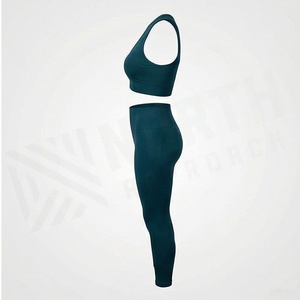 Women <b>Dark</b> <b>Green</b> Racerback Ruched <b>Crop</b> <b>Top</b> High Waist Leggings 2 Piece Yoga Set Solid Sleeveless - Product Image 3
