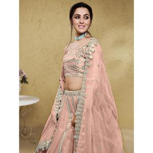 Magnífico Lehenga Choli Semi-Cosido con Malla de Lentejuelas Rosadas, con Dupatta y Tocado de Novia de Zeel Clothing - Product Image 4