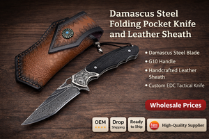 Couteau pliant en acier Damas personnalisé avec étui en cuir |   Couteau de poche EDC fait main |   Fournisseur de couteaux tactiques OEM - Product Image 2