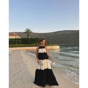 เดรสยาวผ้าฝ้ายสไตล์โบฮีเมียนสำหรับผู้หญิง คอทรงกลม แขนกุด แต่งสีสันแบบคัลเลอร์บล็อก ทรงระบาย ชุดลำลองสำหรับฤดูร้อน - Product Image 4