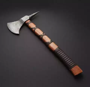 Handmade <b>Axe</b> Damascus Steel Blade Wood <b>Handle</b> With Leather Sheath Outdoor Knife - Product Image 3