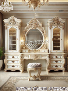 Imperial Style Italian Hand-Carved Teak Wood Dresser Set Exclusive White & Gold Royal Dressing <b>Table</b> Buy French Style Vanity Set - Product Image 3