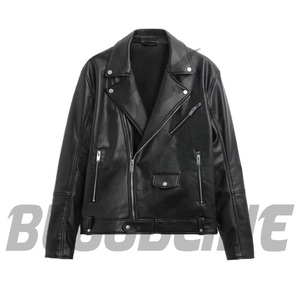 Chaqueta de Motociclista de Cuero PU Negra para Hombre, Cuello Camisero, Cierre de Cremallera, Corte Regular, para Otoño - Product Image 2