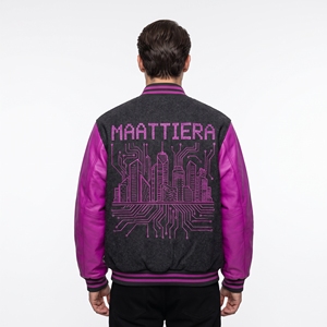 Blouson en cuir noir et violet pour homme, broderie Cyber City, style bomber personnalisé, streetwear, boutons pression, vêtement d'extérieur haut de gamme - Product Image 5