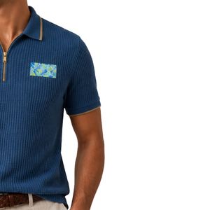 <b>Blue</b> Men Knitted <b>Polo</b> <b>Shirt</b> Gold Zipper Short Sleeve Luxury Casual Summer Top Textured Fabric Custom Designer Golf <b>Shirt</b> OEM - Product Image 4